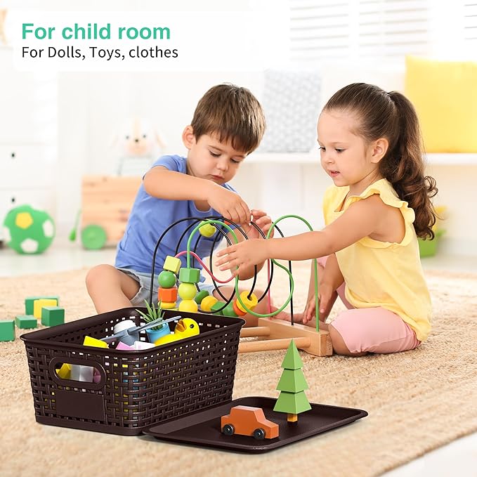 8-Pack Brown Plastic Storage Baskets with Lids Label Organizers Stackable Organizer Containers: For Organizing Shelves Drawers Desk Closets Playrooms Classrooms Offices