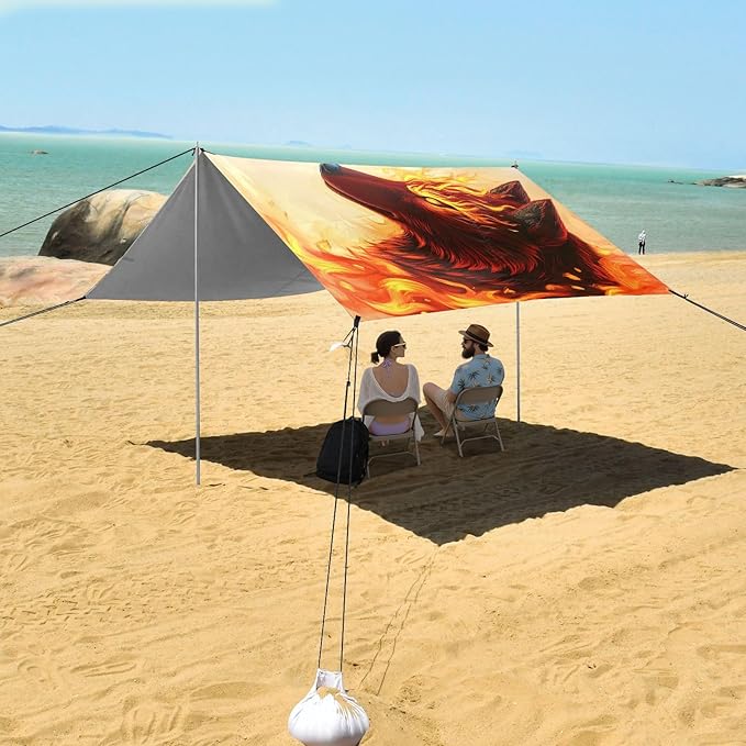 ALAZA Fire &amp Ice Wolf Beach Tent Sun Shelter UPF50+ Protection Beach Shade Canopy w/ 4 Sandbags for Outdoor Camping Fishing Backyard Fun Picnic 10x9 ft