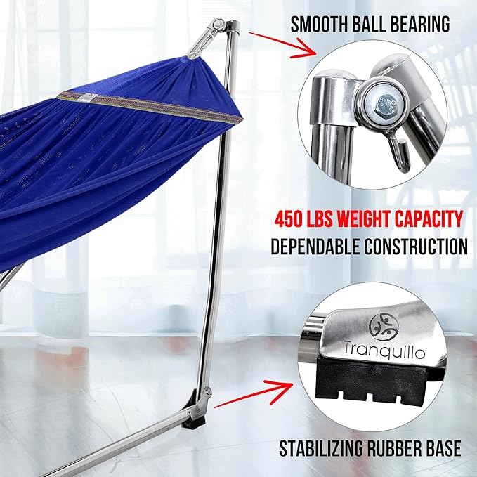 Tranquillo 650 lbs Capacity Double Hammock Stand for 2 Persons Adjustable Hammock Collapsible Camping Hammock and Stand Signature Stainless Steel Stand Breathable Polyester Hammock Net Pearl Blue