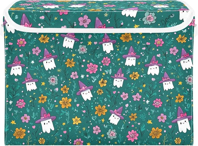 Halloween Teal Ghosties Stars Flowers Storage Box with Lid 1 PC Foldable Storage Bin with Lids Stackable Storage Bins Cube Closet Organizer Basket with Flip-Top Lid &amp Handles for Shoes Books Towel