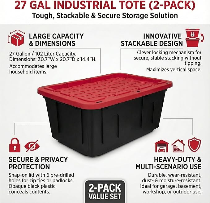 27 Gal Industrial Tote4 Pack Plastic Storage Bins with Lids Tough Large Storage BinBlack with Red Lid Plastic StorageStackable &amp Nestable for Garage Basement or Outdoor (4 Pack)