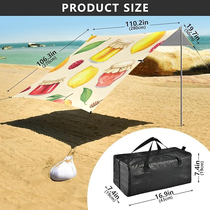 Beach Canopy with Windproof Ropes &amp Sandbags Beach Tent Sun Shade Sun Shelter for Camping Trips Fishing Backyard Fun or Picnics Jam