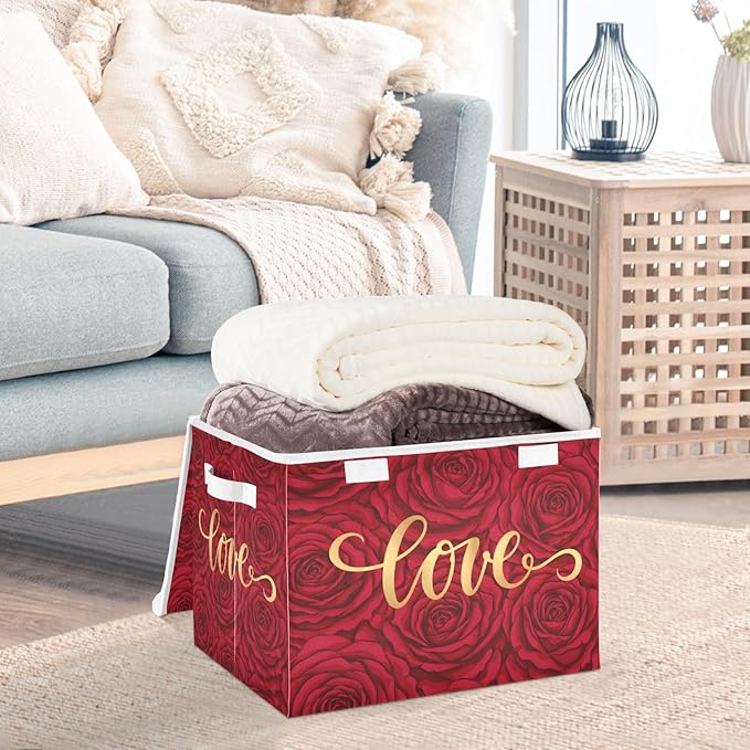 senya Valentines Baskets Collapsible Storage Bins with Lids Love on Romantic Rose Storage Boxes Clothes Baskets for Organizing