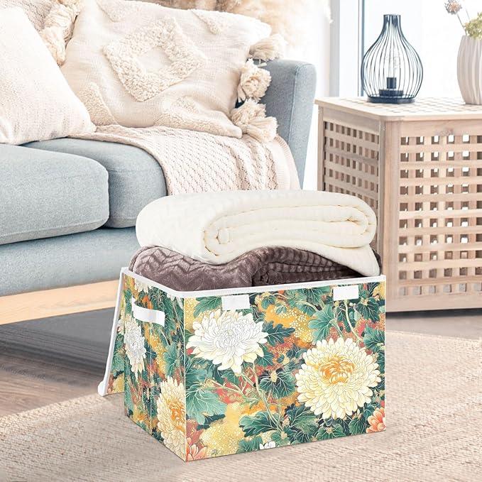 Storage Cube with Lid Japanese Florals Print 16.5×12.6×11.8 IN Collapsible Large Capacity Foldable Storage Basket Bin Organizer