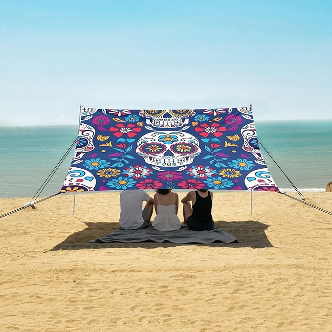 ALAZA Sugar Skull on Blue Beach Tent Sun Shelter Portable Canopy Sunshade for Outdoor Camping Picnics Backyard Fun 10x9 ft