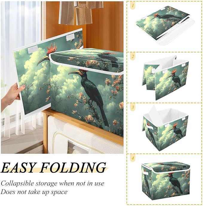 AIXIWAWA Lidded Storage Cube (Surreal Bird) Fabric Foldable Closet Bins with Flip Lid and Handles Organizer Basket Container 16.5 x 12.6 x 11.8 IN