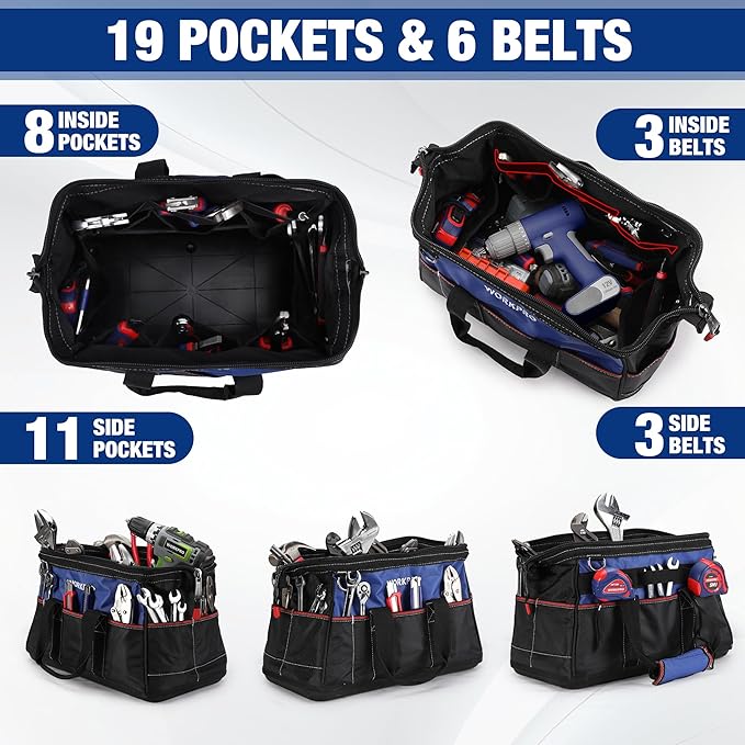 WORKPRO 16-inch Wide Mouth Tool Bag Heavy Duty Cloth Tool Storage Bag with Water Proof Molded Base Adjustable Shoulder Strap
