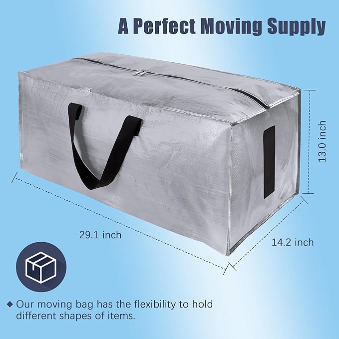 HOMESURE 8 Pack Large Strong Bags with Zippers &amp Carrying Handles - Water-Resistant - Heavy Duty Storage Tote for Space Saving Storage Fold Flat Alternative to Moving Box (Silver)