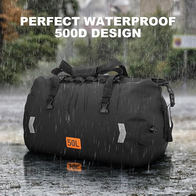 OCKLILY Waterproof Dry Bag 50L Roll-top Motorcycle Tail Bag with Air Valve &amp Quick-fixed Straps Travel Duffle Bags for Kayaking Paddle Boarding Rafting Boating Camping Riding Fishing - Black