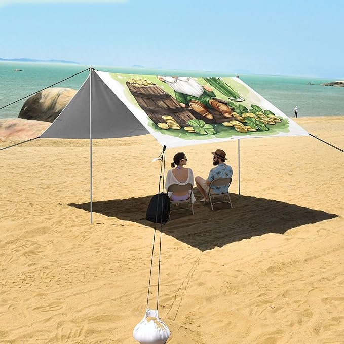 St. Patrick's Day Beach Canopy Sun Shelter with Sandbags &amp Sand Shovel &amp Windproof Ropes - Portable 110x126 Beach Shade Beach Tent for Camping Picnics