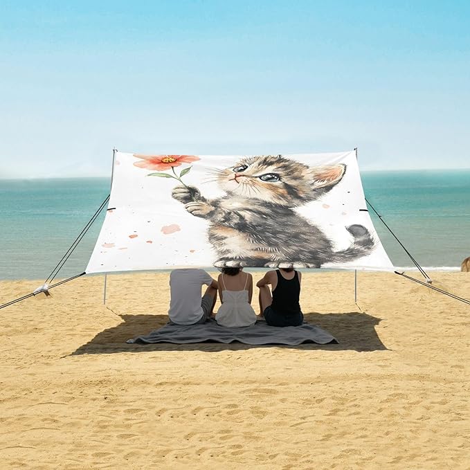 ALAZA Flower Cat Watercolor Beach Tent Sun Shelter Portable Canopy Sunshade for Outdoor Camping Picnics Backyard Fun 10x9 ft