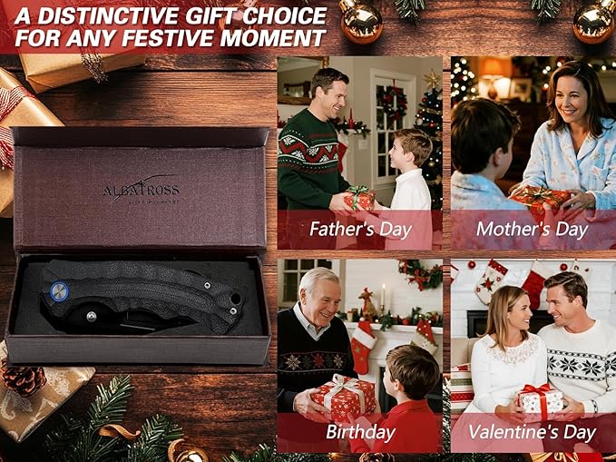 ALBATROSS Ultra-Light All Black EDC Knife 2oz D2 Steel Blade G10 Handle Liner Lock Thumb Hole Pocket knives for Mother's Day Father's Day Birthday Gift Box