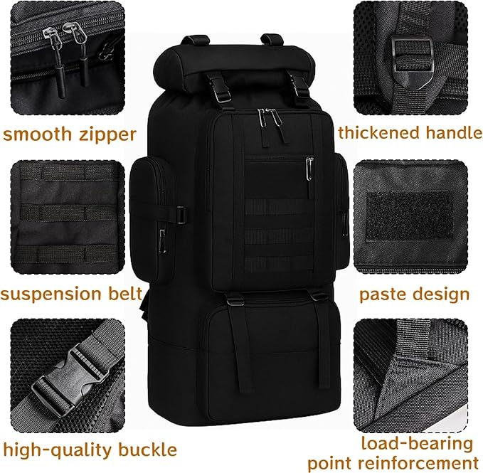 Goaste 100L Camping Hiking Backpack Molle Military Tactical Rucksack Waterproof Large Travel Daypack Adjustable Survival Hunting Sports Bag for Men and Women Hiking Camping Touring(Black)