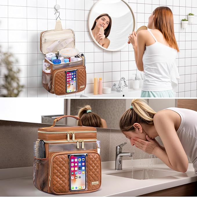 Large Leather Toiletry Bag for Women MenBathroom BagWater Resistant Shower BagMakeup BagPortable Shower Caddy for College DormHanging Travel Toiletry Bag with Transparent Waterproof Phone Pocket
