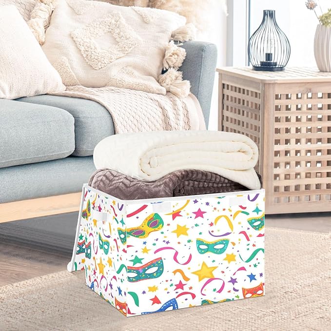 Christmas Storage Baskets with Lids Mardi Gras Masks Collapsible Bins Stackable Fabric Linen Baskets Closet Organizer Container 16.5x12.6x11.8