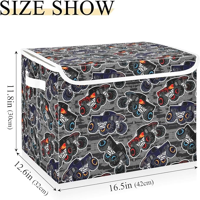 Storage Box Monster Truck Car Closet Storage Bins with Lids Foldable Oxford Fabric Storage Box for Home Bedroom Closet Office (16.5x12.6x11.8 in)