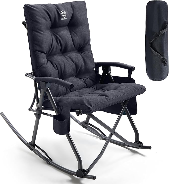 EVER ADVANCED Oversized Folding Rocking Camping Chair Padded Portable Rocker Chairs for Patio Lawn and Outdoors Heavy Duty Hard Armchair for Adults Supports 400lbs Black