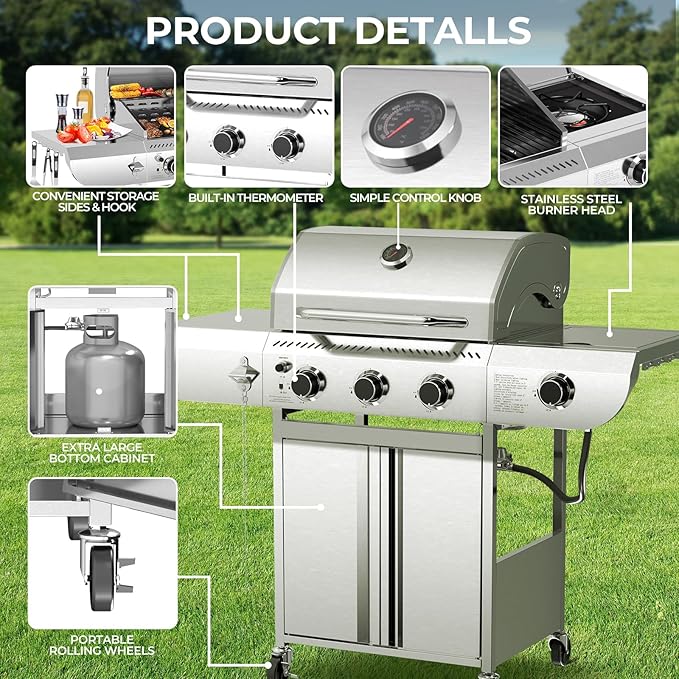 Electactic 3-Burner Propane Gas Grill with Side Burner – 34000 BTU Stainless Steel Outdoor BBQ Grill Cast Iron Grates Portable with Wheels for Patio Camping