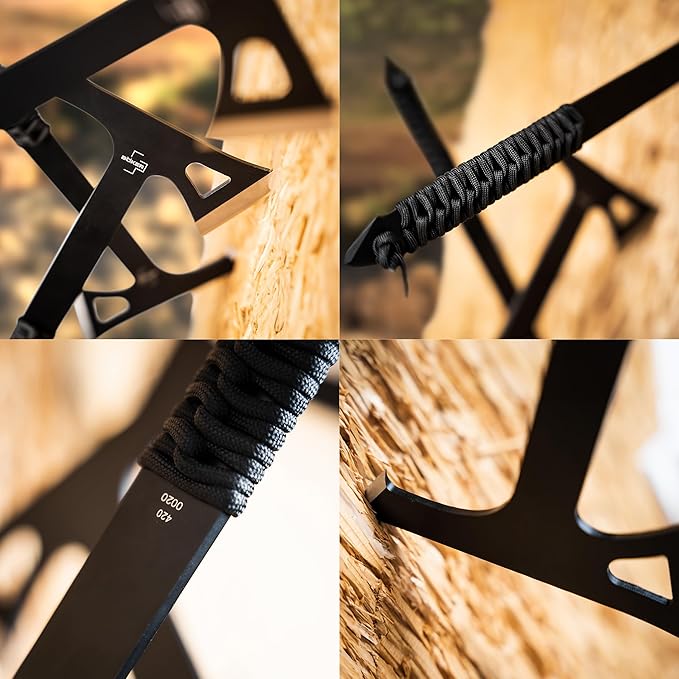 BÖKER PLUS® Mohican - Throwing Axe Set of 3 Black - Double Axe Made of 3Cr13 Steel with Sheath - Bushcraft Camping Outdoor &amp Survival Axe - Hatchet Axe Kit for Throwing Training