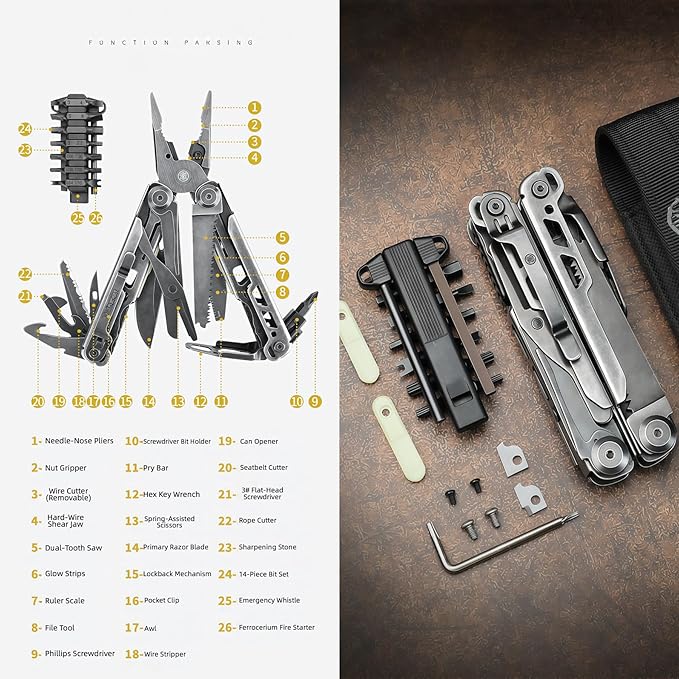 Multi Tool 26-in-1 Full-Size Lightweight EDC Multi-Purpose Pliers With Safety Locking Tactical Gear Nylon Bag Tools Gifts for Guys Gifts for Hunters Men who have Everything (Black)