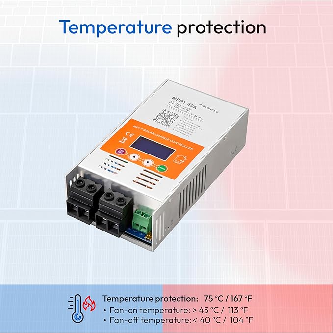 Upgraded V124 80A MPPT Solar Charge Controller 12V/24V/48V AutoMax 160V PV Input LCD Display Compatible with Lithium LiFePO4 AGM Gel Lead-Acid Batteries