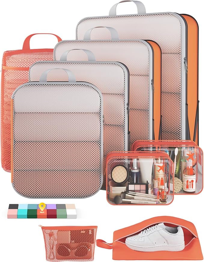 Veken 9/11 Set Compression Packing Cubes for Travel EssentialsCompressible Expandable Large Luggage Suitcase Organizer Bags for ClothingDurable Space Saver Storage Bags with Toiletry Bags(Orange)