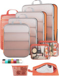 Veken 9/11 Set Compression Packing Cubes for Travel EssentialsCompressible Expandable Large Luggage Suitcase Organizer Bags for ClothingDurable Space Saver Storage Bags with Toiletry Bags(Orange)