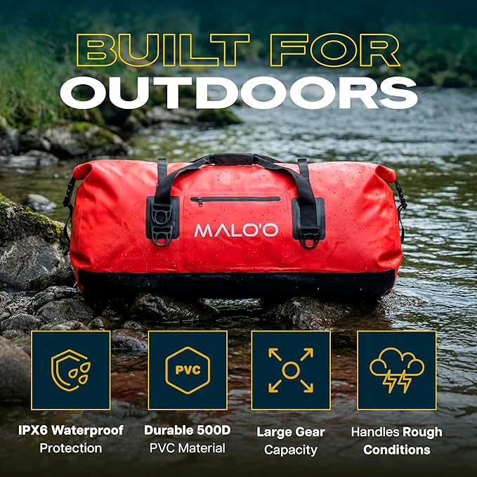 Malo’o Waterproof Dry Duffel Heavy-Duty Roll Top Waterproof Gear Bag with Shoulder Strap &amp Molle Loops Marine Duffel for Kayaking Boating Camping Beach &amp Travel Red 100L