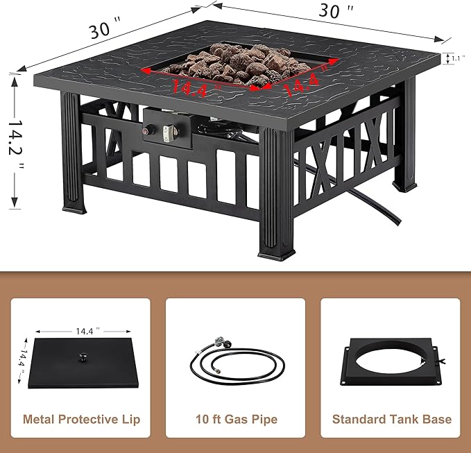 VECELO Propane Fire Pit 30 Inch Outdoor Gas Fire Table 50000 BTU Square Firepit with Lid and Lava Rock Adjustable Flame Steel Fire Table for Outdoor Patio Backyard Party Black