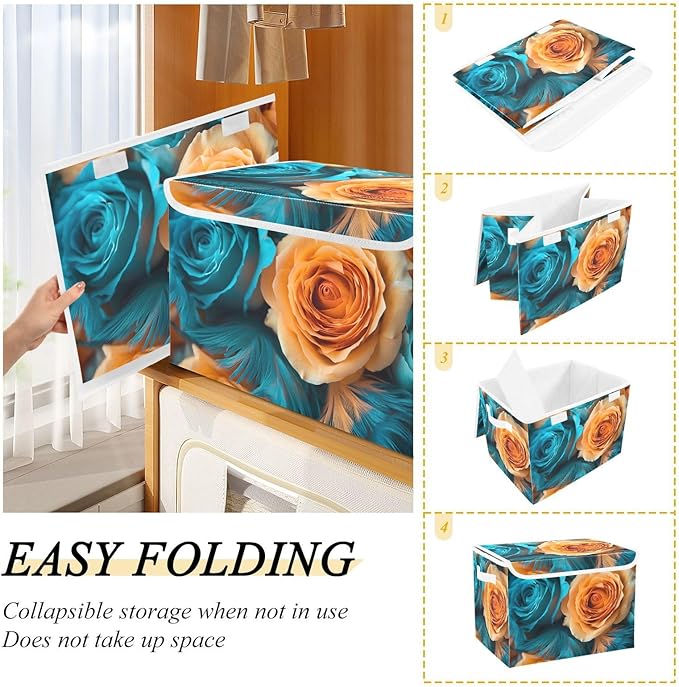AIXIWAWA Lidded Storage Cube (Green Orange Floral) Fabric Foldable Closet Bins with Flip Lid and Handles Organizer Basket Container 16.5 x 12.6 x 11.8 IN