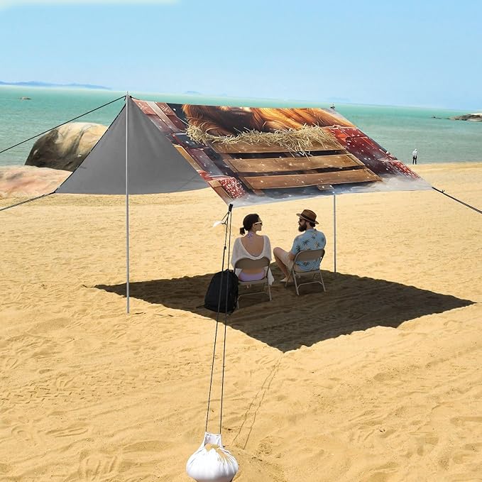 ALAZA Christmas Tree Highland Cow Beach Tent Sun Shelter Portable Canopy Sunshade for Outdoor Camping Picnics Backyard Fun 10x9 ft