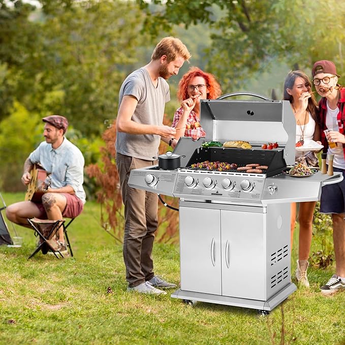 Polar Aurora Propane Gas Grill 4 Burners with Side Burner Stainless Steel Grill Cart with Wheels for Outdoor Patio Garden Backyard Cooking bbq Grill