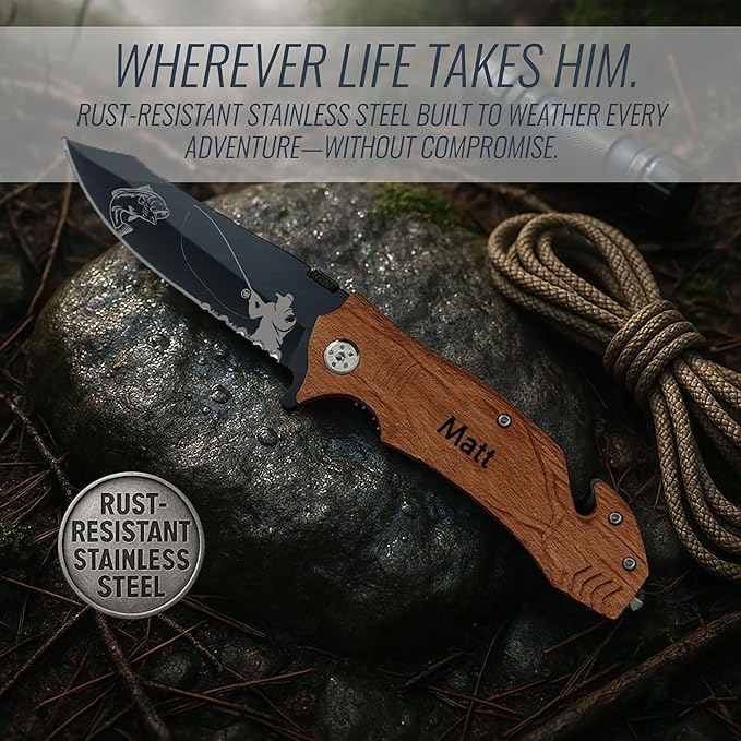Personalized Pocket Knife for Men with Clip | Laser Engraved Fishing Design Folding Utility Tactical Switchblade for Camping Hunting Rescue | Custom Birthday Gift for Dad Husband Groomsmen Gifts