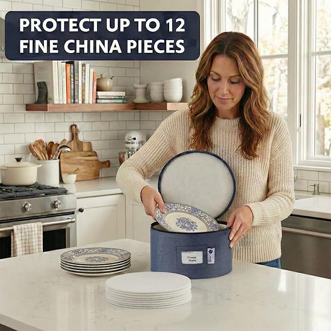 Dinner Plates Storage Container - Hard Shell China Organizer with Dividers - Holds 12 Plates of 12 - Durable &amp Stackable Storage Box for Seasonal Dishware Protection - Denim Blue