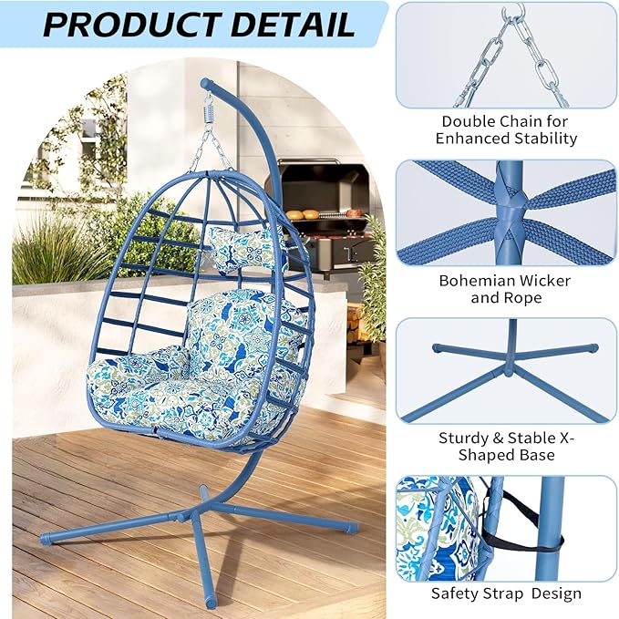Hanging Egg Chair with Stand Outdoor Indoor Patio Rattan Swing Hammock Chairs with Washable Cushion 350lbs Capacity PE Wicker Swing Chair for Backyard Bedroom Garden (Blue + Floral Cushion)