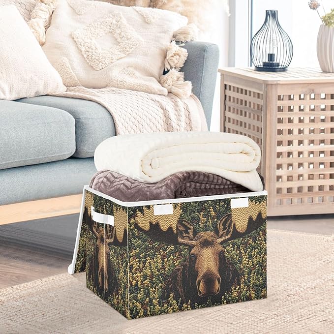 Storage Cube with Lid Moos in Bush Print 16.5×12.6×11.8 IN Collapsible Large Capacity Foldable Storage Basket Bin Organizer
