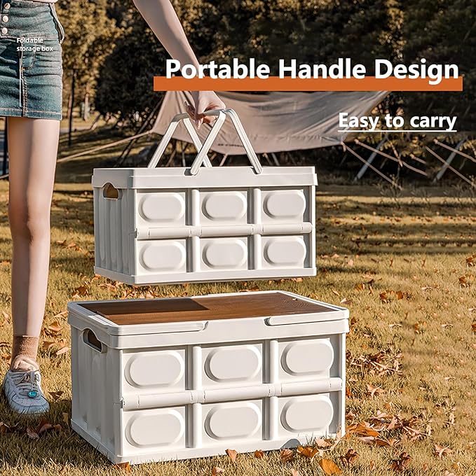 VPTMRP Collapsible Storage Bin with Handles and Wooden Lid Large Capacity Stackable Utility Crates Holds 33lbs for Outdoor Home Storage Organizing Moving (30L/7.9Gal)