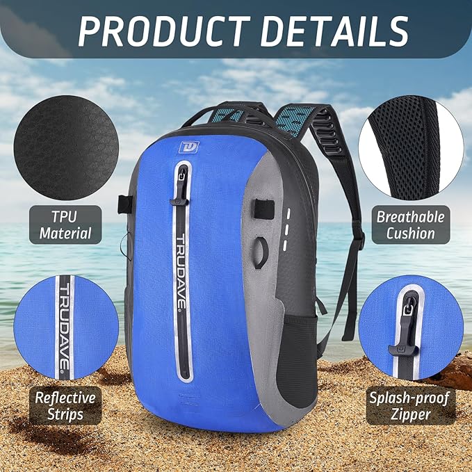 Trudave Waterproof Backpack Waterproof Submersible Backpack Floating TPU Coated Dry Bag with Airtight Zipper for Kayak Fishing Boating Hiking Blue(20L)
