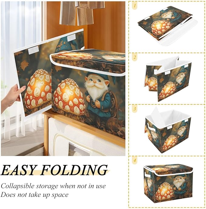 Storage Cube with Lid Gnome and Mushroom Print 16.5×12.6×11.8 IN 1 Pack Collapsible Large Capacity Foldable Storage Basket Bin Organizer