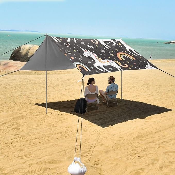 ALAZA White Unicorns Rainbows Pattern Beach Tent Sun Shelter Portable Canopy Sunshade for Outdoor Camping Picnics Backyard Fun 10x9 ft