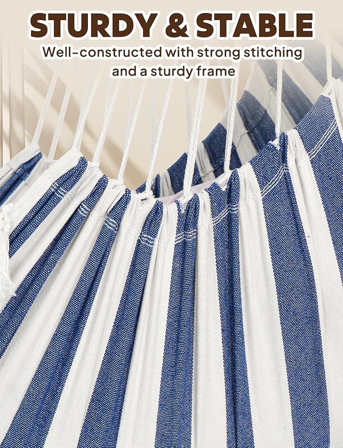 Chihee Hammock Chair Hanging Swing 2 Pillows IncludedStrong Webbing Straps and Hooks for Easy Hanging Soft Cotton Hanging Chair Side Pocket Tassel Chair Comfort Indoor Outdoor Blue White