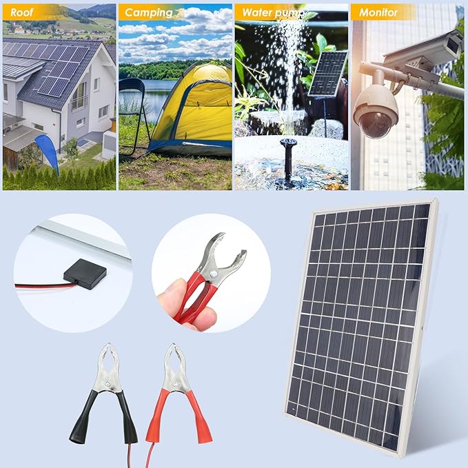 30W 12V Solar Panel Battery Charger Maintainer Portable Solar Panel Charger with Alligator Clips for Outdoor Camping Travel IP65 Portable for Car Boat RV Marine