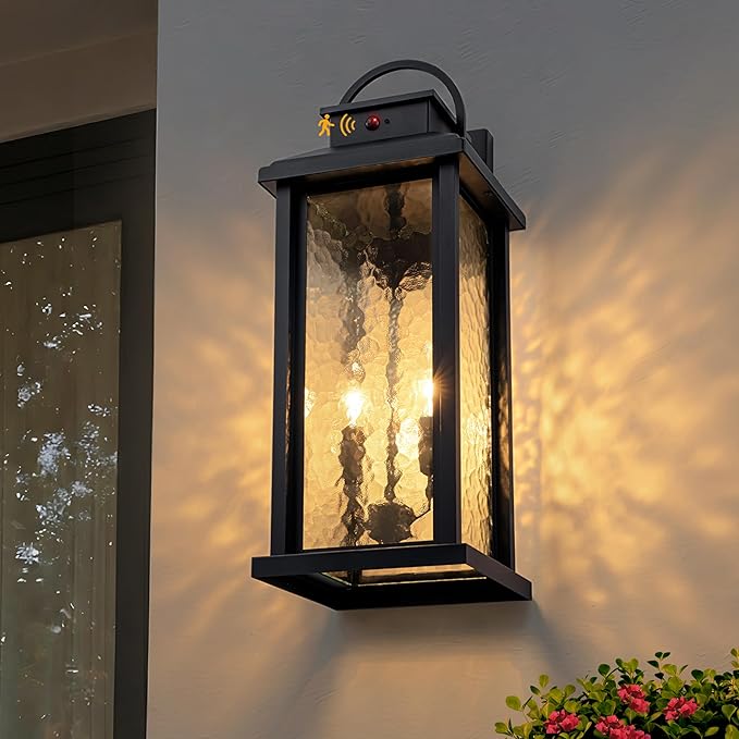 20 Inch Large Motion Sensor Outdoor Lights Matte Black Dusk to Dawn Outdoor Wall Lights with Water Glass 3 Lighting Modes Porch Lights Outdoor Light Fixture Waterproof Outdoor Lights for House