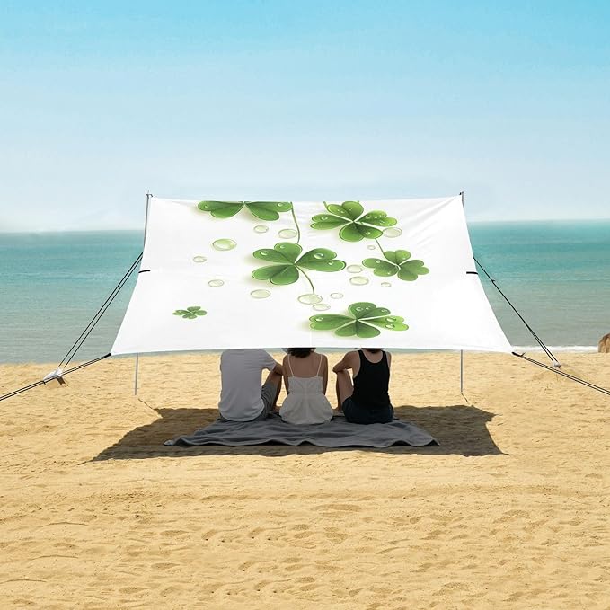 ALAZA St Patrick Day Shamrock Leaves and Glossy Drops Beach Tent Sun Shelter Portable Canopy Sunshade for Outdoor Camping Picnics Backyard Fun 10x9 ft