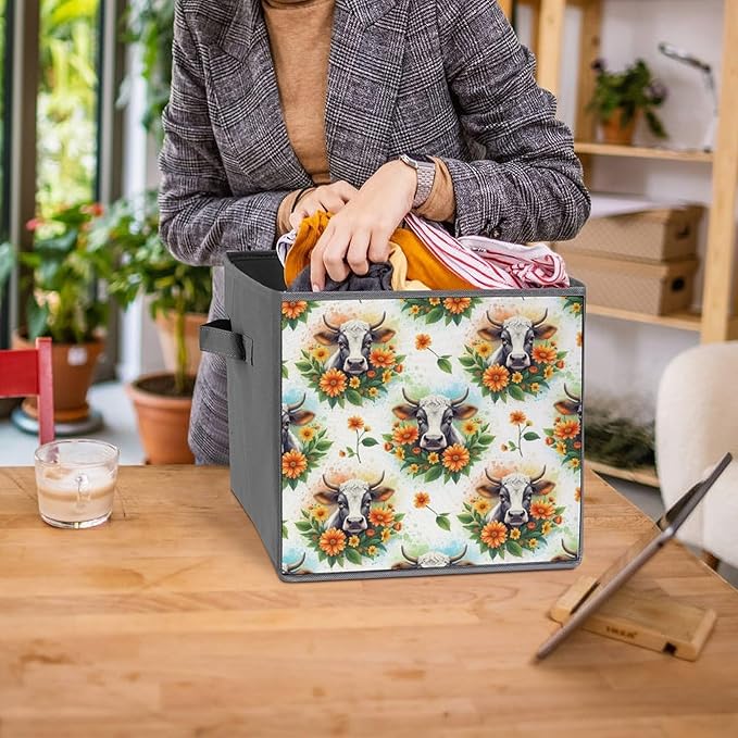 Collapsible Storage Bins with Handles Cute Highland Cow Foldable Cube Organizer Box for Closet Shelf Toy Storage Space-Saving Home &amp Office Decor