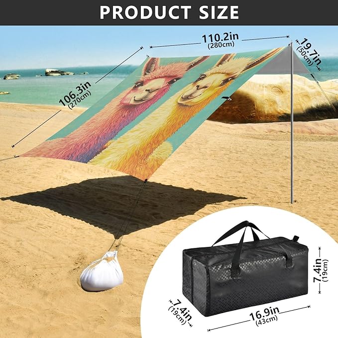 ALAZA Vintage Cute Colorful Lama Beach Tent Sun Shelter Portable Canopy Sunshade for Outdoor Camping Picnics Backyard Fun 10x9 ft