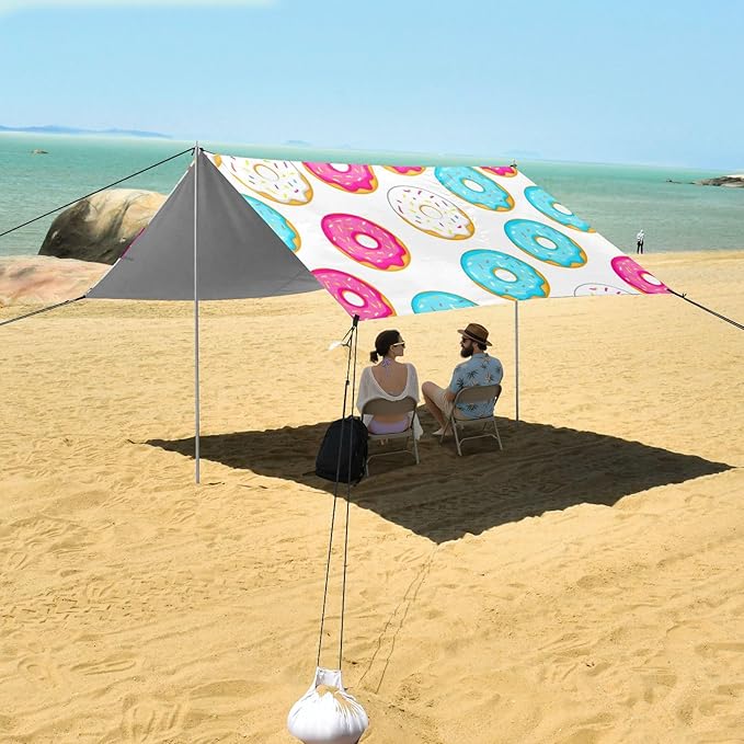 Beach Canopy with Windproof Ropes &amp Sandbags Beach Tent Sun Shade Sun Shelter for Camping Trips Fishing Backyard Fun or Picnics Donuts