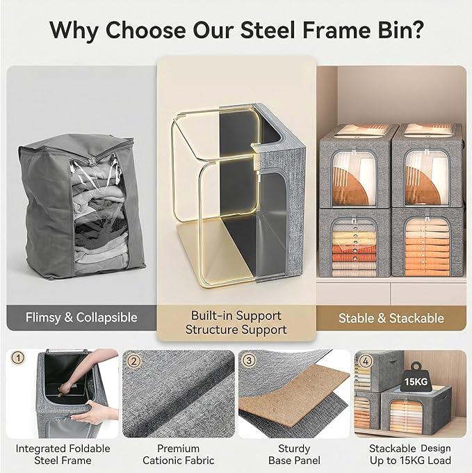 GoMaihe Clothes Storage Bins Metal Frame: 55L Extra Large Stackable Closet Storage Bin with Lid &amp Clear Window Heavy Duty Blanket Box for Winter Coats Comforters (Fits Deep Closet 4-Pack)