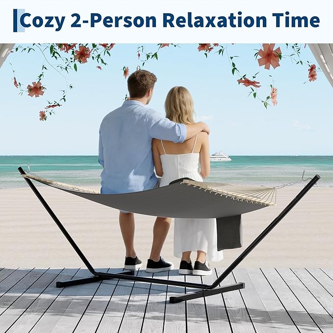 Hammocks 12 FT Double Quilted Fabric Hammock with Spreader Bar and Detachable Pillow 2 Person Hammock for Outdoor Patio Backyard Poolside 450lbs Weight Capacity