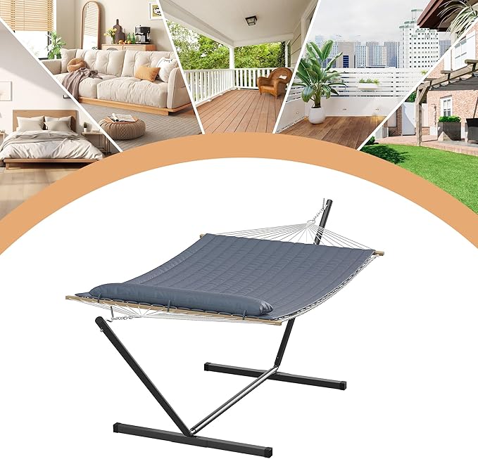 Hammock with Stand 2 Person Heavy Duty Hammock with Soft Pillow &amp Balance Ropes Stand Alone Hammock Portable Outdoor Hammock for PatioBeach Backyard(Grey